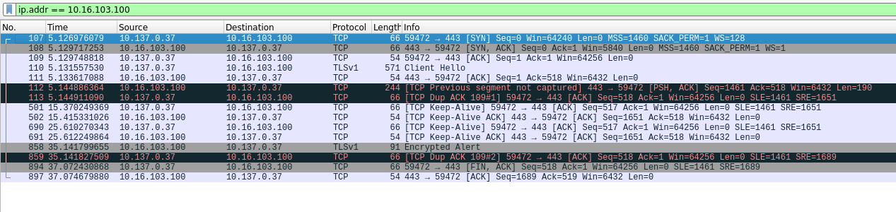 Wireshark output showing issue